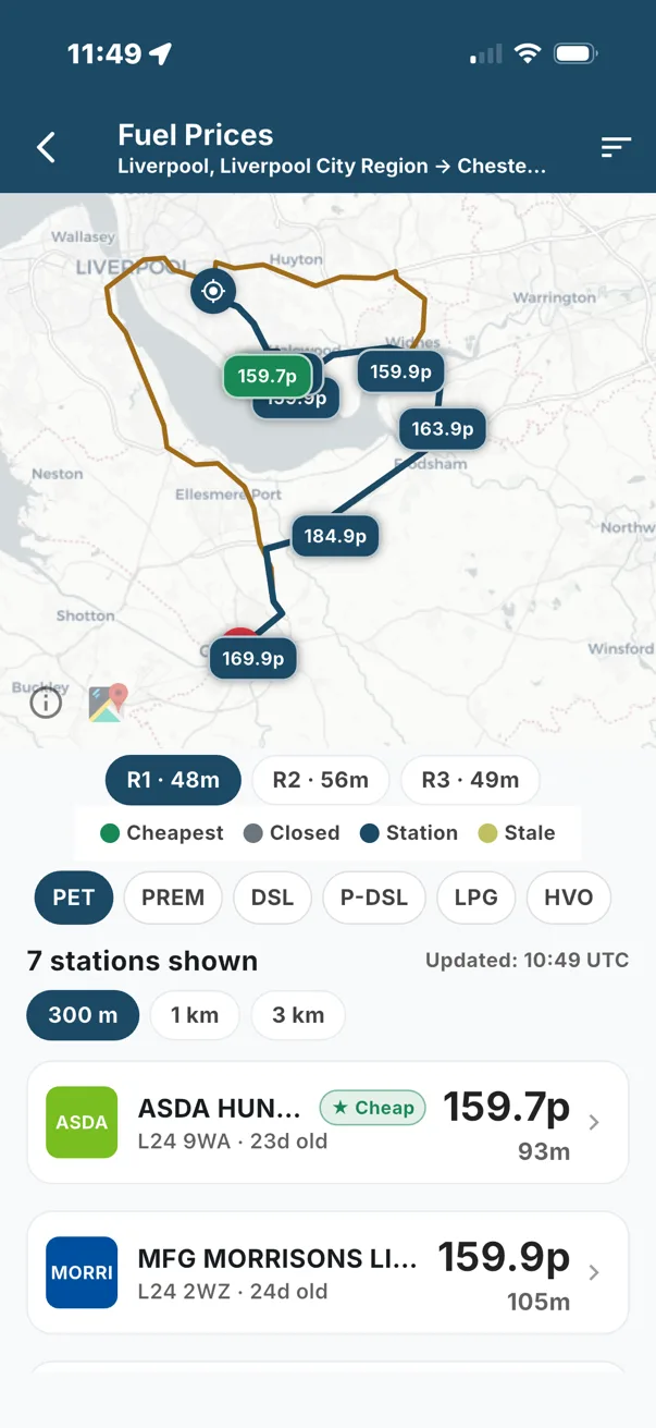 Search results with alternative routes