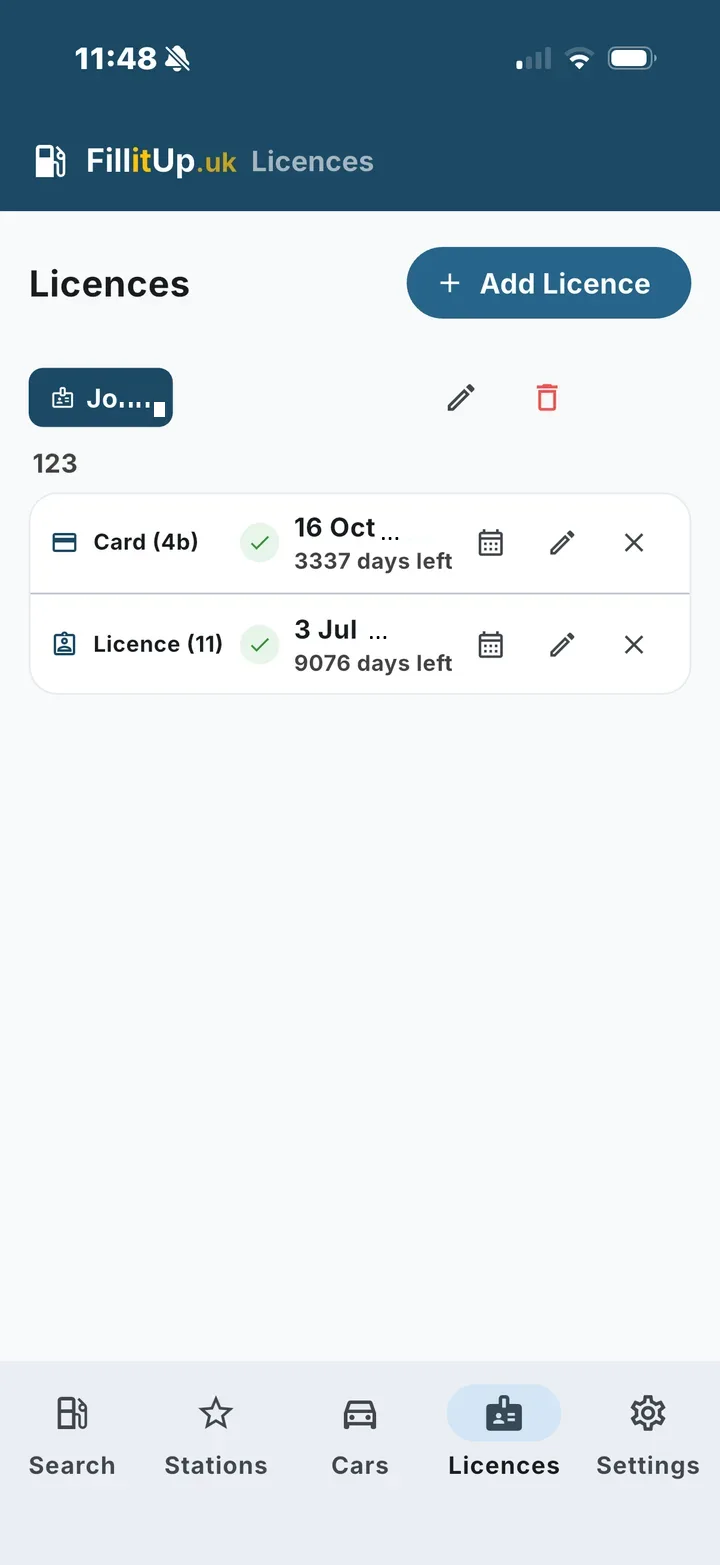 Licences screen