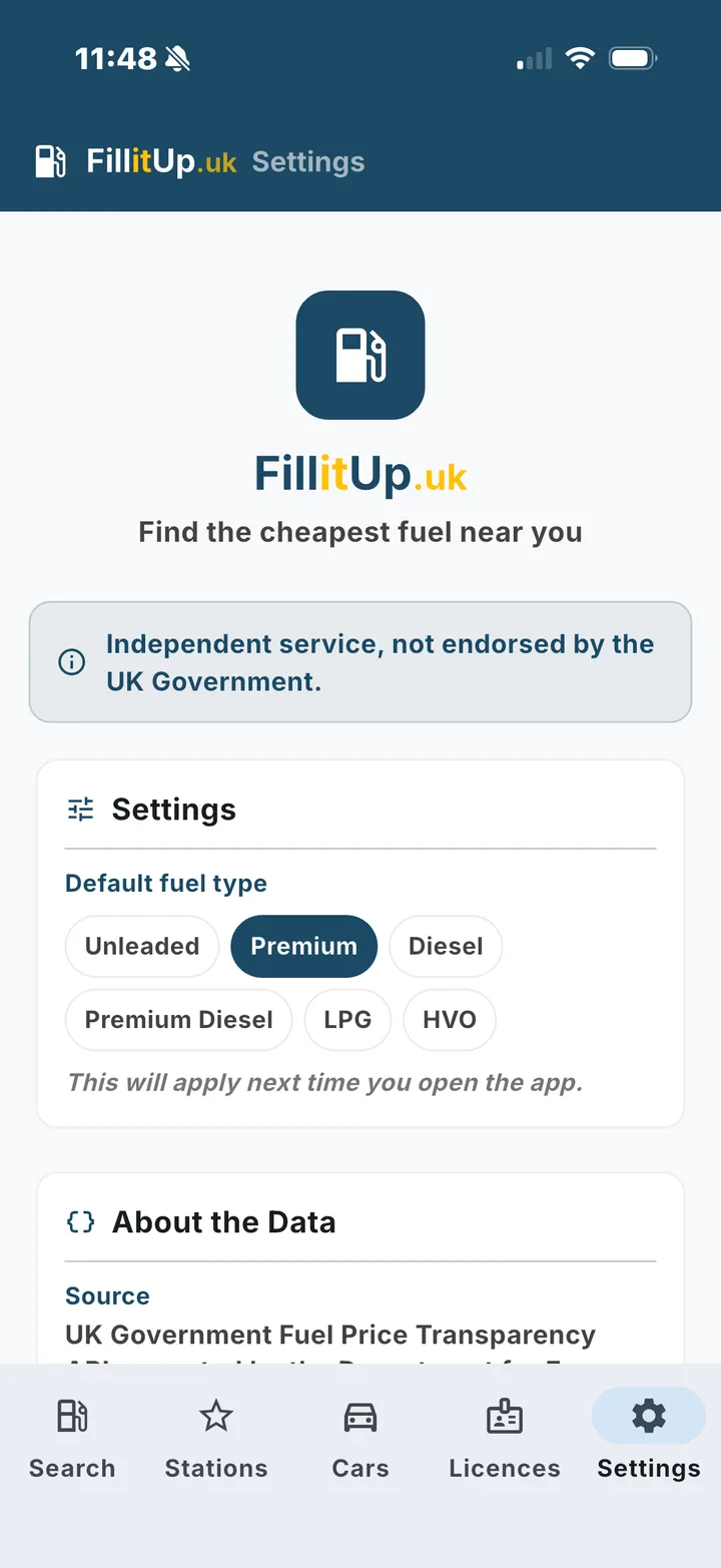 Settings screen