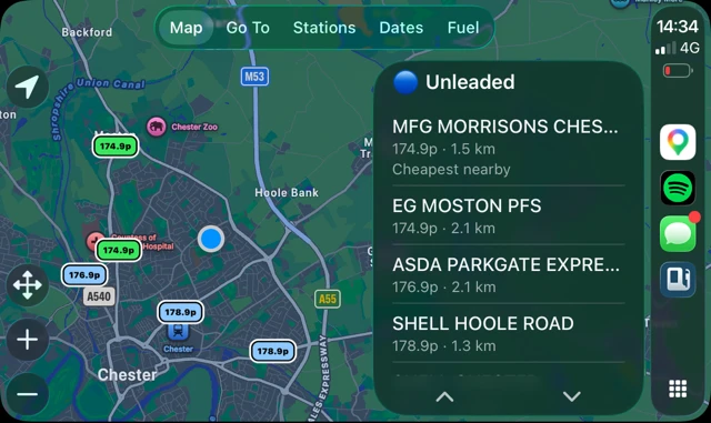CarPlay map showing the cheapest nearby stations
