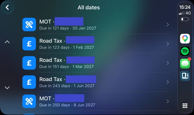 CarPlay list of MOT and road tax dates